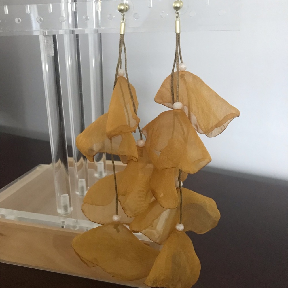 Boho Chic Organza Petal Drop Festival Earrings Mustard Yellow 6.5 inches Flowy